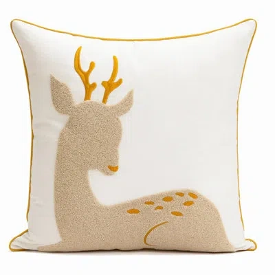 Fennco Styles Christmas Reindeer Embroidered White Filled Holiday Decorative Throw Pillow 18" X 18"