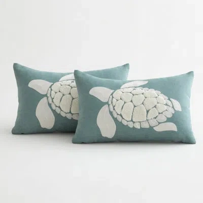 Fennco Styles Coastal Sea Turtle Decorative Throw Pillow With Insert 12" X 20" - Sage Green & White Tufted Ocean L In Blue