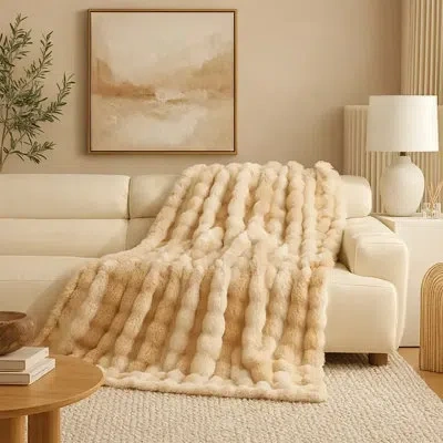 Fennco Styles Cuddle Bubble Faux Fur Plush Textured Throw Blanket 50" W X 60" L In Beige