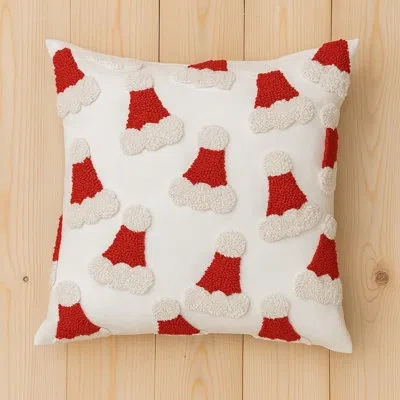 Fennco Styles Cute Embroidered Santa Hats Christmas Filled Throw Pillow 18" X 18" In White