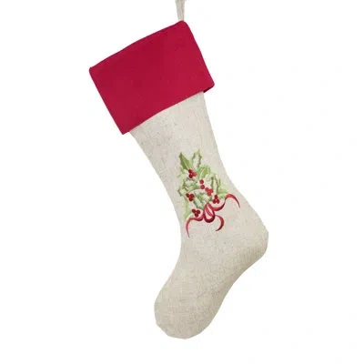 Fennco Styles Embroidered Holly Christmas Tree White Cuff Holiday Natural Stocking In Red