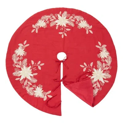 Fennco Styles Embroidered Holly Cotton Christmas Tree Skirt Round In Red