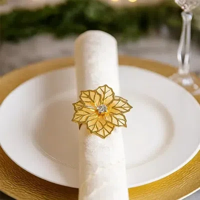 Fennco Styles Gold Elegant Metal Mesh Flower Decorative Napkin Rings, Set Of 4