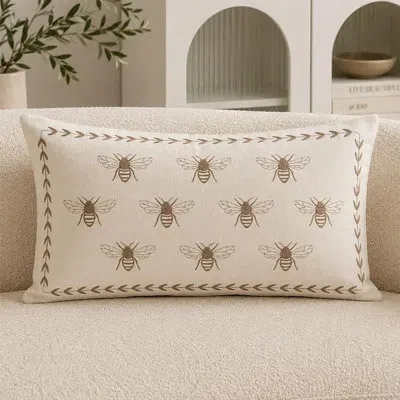 Fennco Styles Ivory Embroidered Bee Decorative Throw Pillow Cover 12" X 20", 1-pack In Neutral