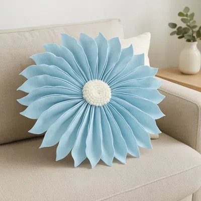 Fennco Styles Lilac 3d Sunflower Decorative Floral Flet Throw Pillow Cover 13" Round In Aqua,pillow Cover Only - No Insert