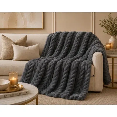 Fennco Styles Luxury Double-layer Cable Knit Design Faux Fur Plush Throw Blanket, 50" X 60", Slate