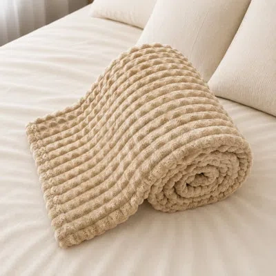 Fennco Styles Luxury Textured Plush Throw Blanket 60" X 80", Waffle Bubble Fleece Blanket, Beige In Neutral