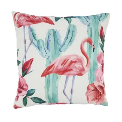 Fennco Styles Multicolor Tropical Flamingo & Cactus Poly Filled Indoor Outdoor Throw Pillow 18" W X 18" L In Multicolored
