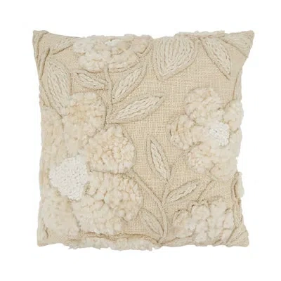 Fennco Styles Natural Embroidered Floral Cotton Throw Pillow Cover 20" W X 20" L In Beige