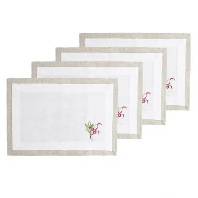 Fennco Styles Natural-white Embroidered Holly Christmas Tree Double-layer Holiday Placemat, Set Of 4