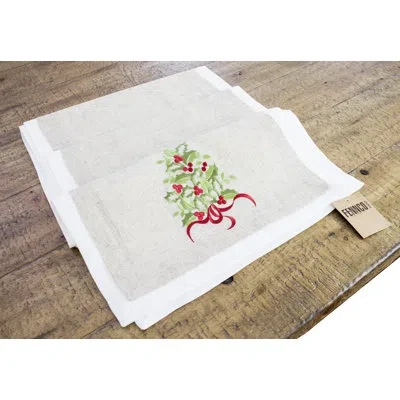 Fennco Styles Natural-white Embroidered Holly Christmas Tree Double-layer Holiday  Table Runner