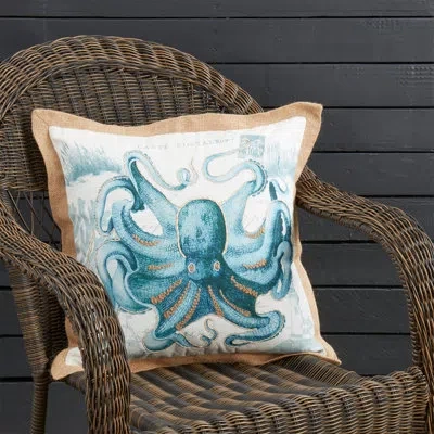 Fennco Styles Navy Blue Nautical Sea Animals Decorative Coastal Throw Pillow 18" W X 18" L - Octopus