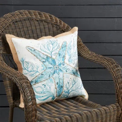 Fennco Styles Navy Blue Nautical Sea Animals Decorative Coastal Throw Pillow 18" W X 18" L - Starfish & Coral