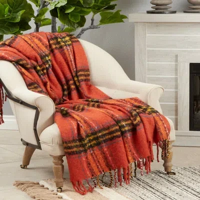 Fennco Styles Orange Fall Plaid Modern Tassel Throw Blanket 50" W X 60" L