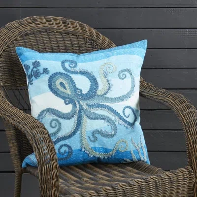 Fennco Styles Outdoor Nautical Cobalt Blue Embroidered Octopus Throw Pillow Cover 20" W X 20" L