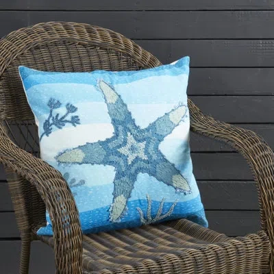 Fennco Styles Outdoor Nautical Cobalt Blue Embroidered Starfish Throw Pillow Cover 20" W X 20" L