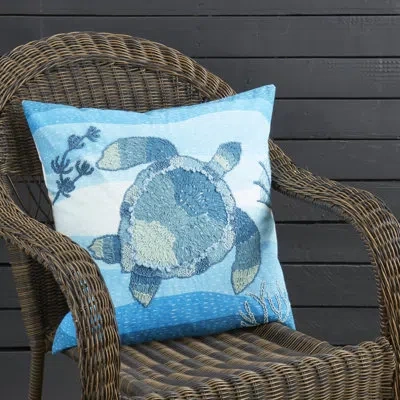 Fennco Styles Outdoor Nautical Cobalt Blue Embroidered Turtle Throw Pillow Cover 20" W X 20" L