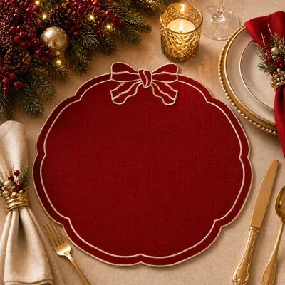 Fennco Styles Red 15" Round Salloped Round Placemats With Bow Design, Set Of 4