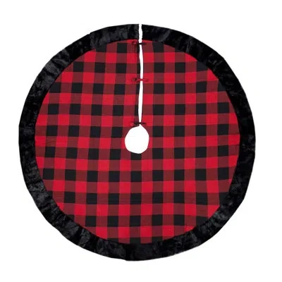 Fennco Styles Red & Black Buffalo Plaid Fur Cuff Christmas Tree Skirt 53" Round