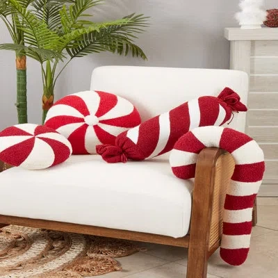 Fennco Styles Red And White Holiday Festive Candy Cane Shaped Decorative Filled Throw Pillow In White;red