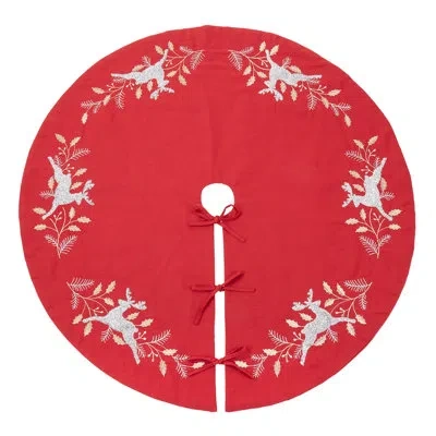 Fennco Styles Red Embroidered Reindeer Christmas Tree Skirt Round