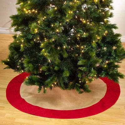 Fennco Styles Red Holiday Pleated Diamond Jute Christmas Tree Skirt 52" Round