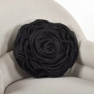Fennco Styles Rose Chiffon Flower Decorative Filled Throw Pillow 16" Round In Black