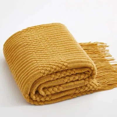Fennco Styles Slate Knitted Soft Fringe Cozy Textured Throw Blanket 50" X 60" In Mustard Yellow
