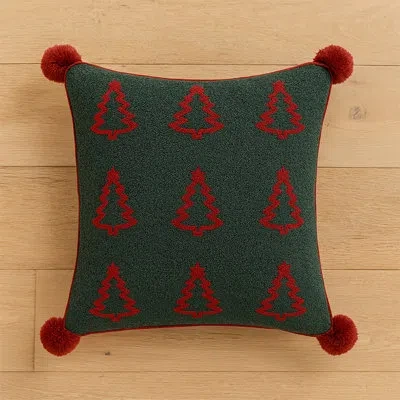 Fennco Styles Soft Boucle Holiday Green Christmas Tree Embroidered With Pom Pom Filled Throw Pillow 18" X 18"