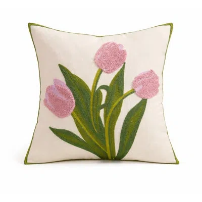 Fennco Styles Spring Floral Tulip Hooked Decorative Throw Pillow Cover 18" X 18" – Textured Pink Flower Design Acc In Multi