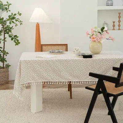 Fennco Styles Spring Floral White Cotton Tablecloth With Tassel – 56" W