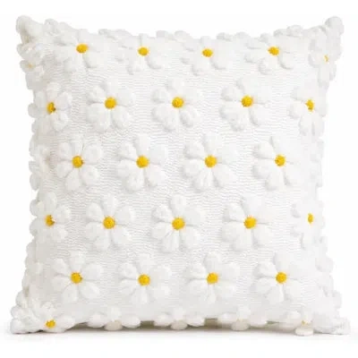 Fennco Styles Textured 3d Petals Daisy Decorative Throw Pillow Cover 18x18 Inch, White & Yellow Floral Accent Pill