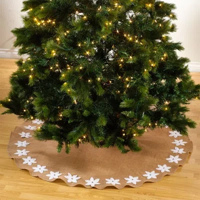 Fennco Styles White Poinsettia Burlap Holiday Christmas Tree Skirt 53" Round In Brown