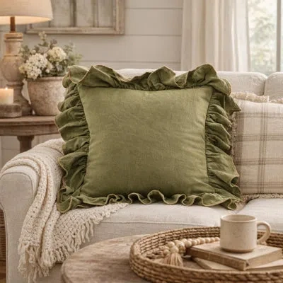 Fennco Styles White Vintage 5" Ruffled Edge Pure Cotton Decorative Throw Pillow Cover 18" X 18" In Green