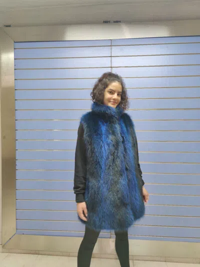 Pre-owned Fenzo Furs Luxury Blue Raccoon Full Skin Fur Vest Real Fur With Collar