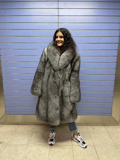 Pre-owned Fenzo Furs Luxury Full Skin Blue Frost Fox Fur Coat Real Fur Long Coat Skin To Skin Frost In Gray