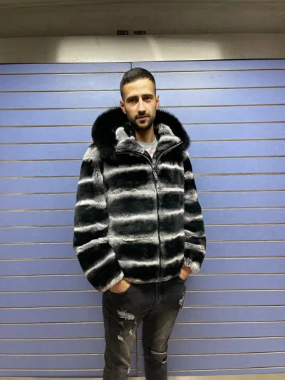 Pre-owned Fenzo Furs Luxury Rex Chinchilla Bomber Jacket Real Rabbit Fur Full Skin Hooded With Fox In Multicolor