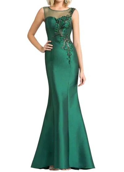 Feriani Embroidered Illusion Mermaid Gown In Emerald In Green