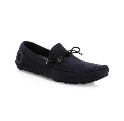 Pre-owned Ferragamo 100% Authentic Salvatore  Atlante Suede Drivers With Gancini Heel 10e In Blue