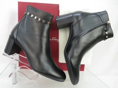 Pre-owned Ferragamo $1050  Ghila Black Leather Vara Gancini Chain Zip Heel Ankle Boots 11 C