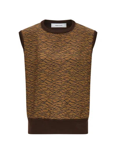 Ferragamo Knitted Top With Silk Panel Detail In Brown
