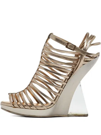 Pre-owned Ferragamo 130mm Leather Caged Wedge-heel Sandals In Yellow