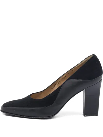 Pre-owned Ferragamo 1900s 90mm Anastasia Leather Suede Block-heel Pumps In Black