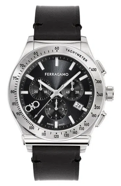 Ferragamo 1927 Chrono Leather Watch In Black