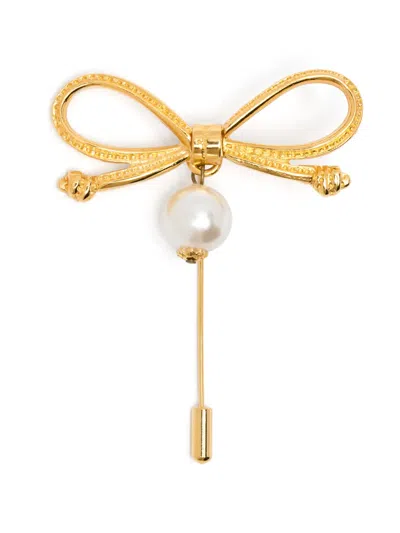 Pre-owned Ferragamo 1980s Bow Pearl Brooch In 金色
