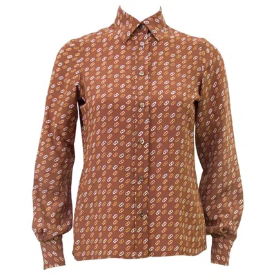 Pre-owned Ferragamo 1980s  Tan Silk Blouse With Logo Link Pattern In Brown