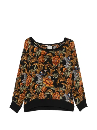 Pre-owned Ferragamo 1980s Floral-print Silk Sweater In Black