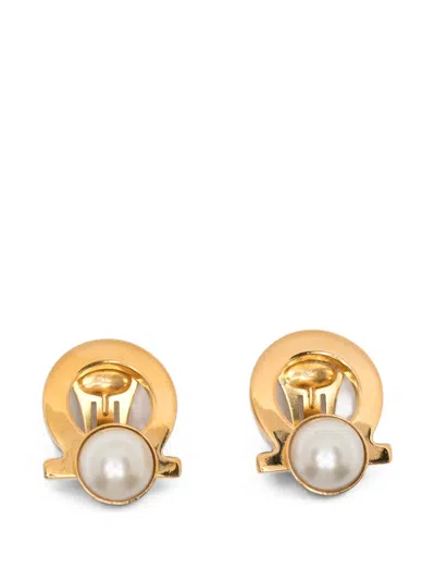 Pre-owned Ferragamo 1980s Gancini Faux-pearl Earrings In Gold