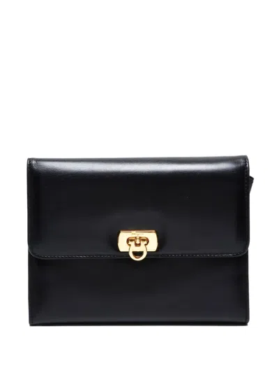 Pre-owned Ferragamo 1990-2000s Gancini Leather Clutch Bag In Black