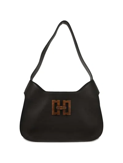 Pre-owned Ferragamo 1990-2000s Wooden-detail Leather Shoulder Bag In Black